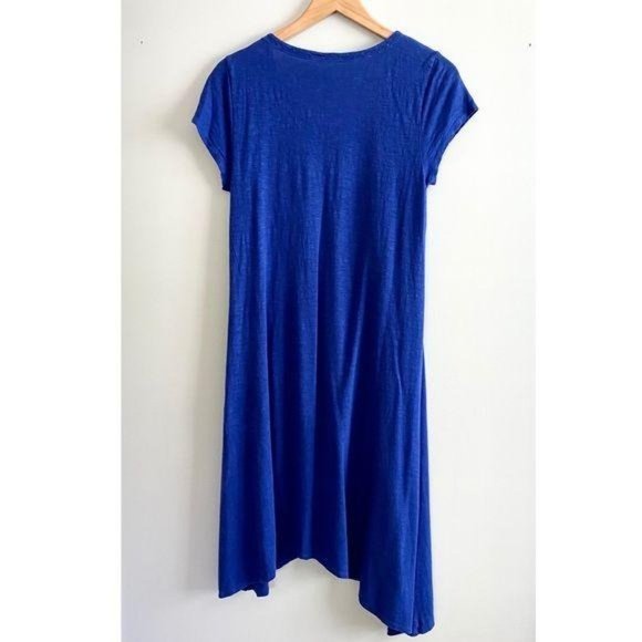 Eileen Fisher Blue V Neck Short Sleeve Hemp Cotton Swing Dress - Picture 3 of 9